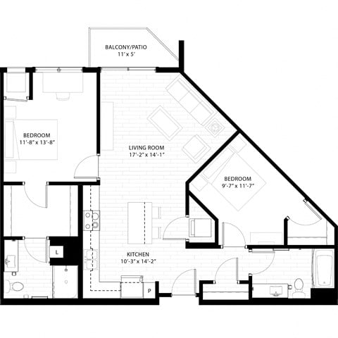 floor plan of the first floor of the home including the bedrooms and bathrooms